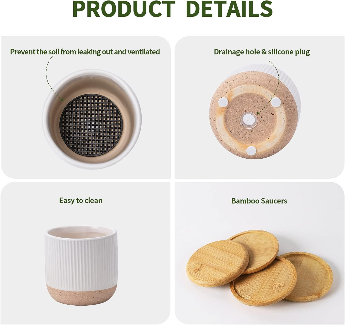 AOMRYOM 4 Inch Small Ceramic Plant Pots with Drainage Hole and Saucer, Modern Flower Planter for Succulent, Indoor Plants, Cactus, Herbs, White, Set of 4 (Plant Not Included)