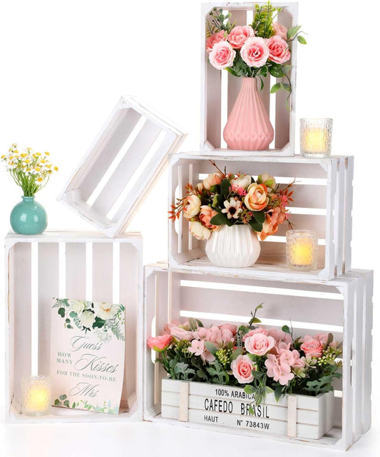 Soaoo 5 Pcs Decorative Nesting Wooden Crates for Storage Display 5 Size Large Small Rustic Wood Decorative Storage Crates with Handle Farmhouse Crate Box Container Made from Pine(Painted White)