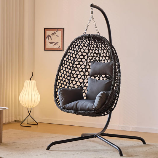 Indoor Hanging Chair with Stand for Bedroom, Hexagon Rattan Wicker Swing Egg Chair for Bedroom Porch Garden Patio Outdoor, Hammock Egg Swing Chair with Cushion,350LBS Capacity(Dark Grey)