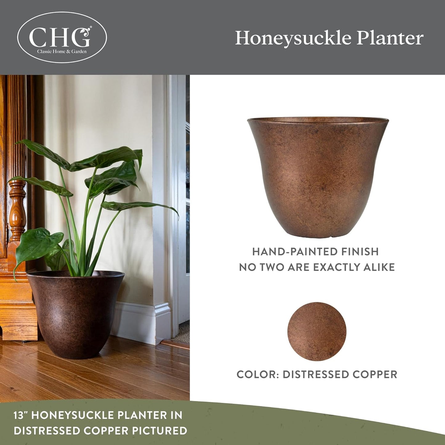 Classic Home and Garden Honeysuckle Resin Planters - Lightweight Indoor & Outdoor Plant Pots - UV-Resistant Plastic Flower Pots - Pot Planters for Flowers & Herbs (13" Distressed Copper)