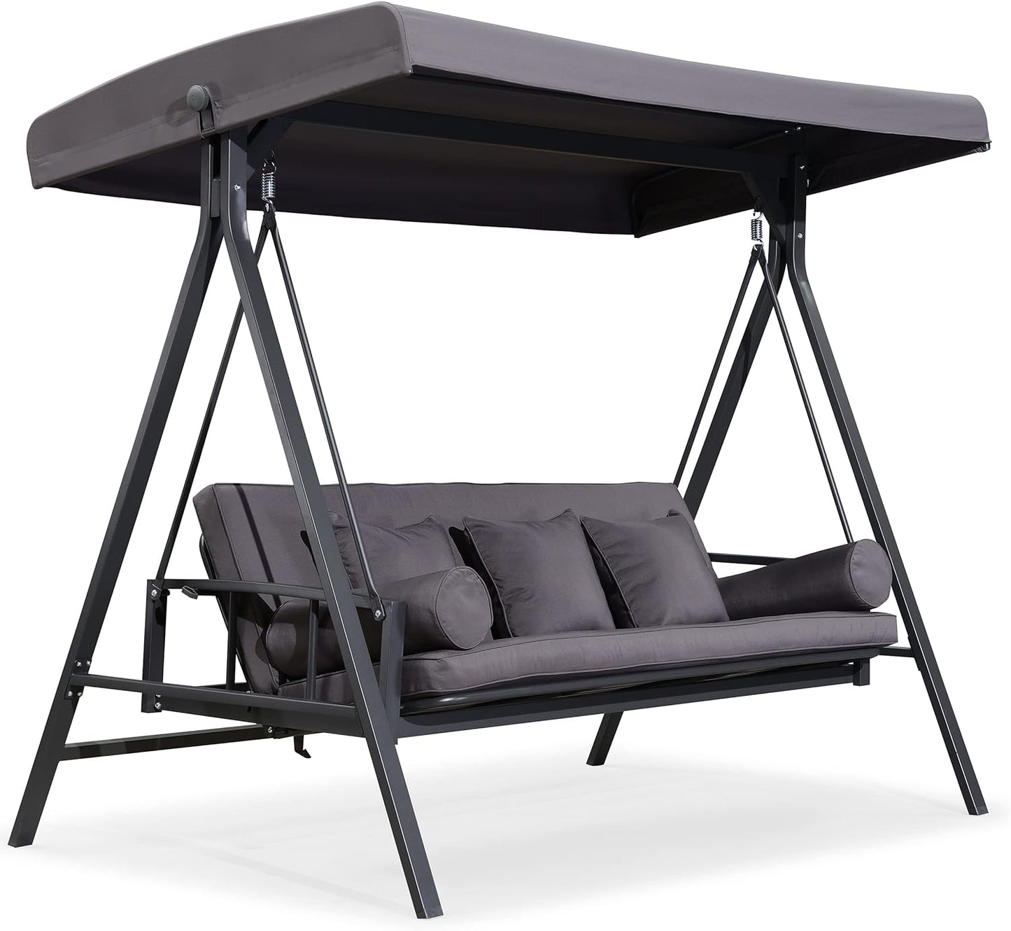 PURPLE LEAF Outdoor Patio Porch Swing Adjustable Backrest, 3-seat Swing Chair with Weather Resistant Steel Frame for Backyard Front Porch Lawn, Cushion and Pillows Included, Grey