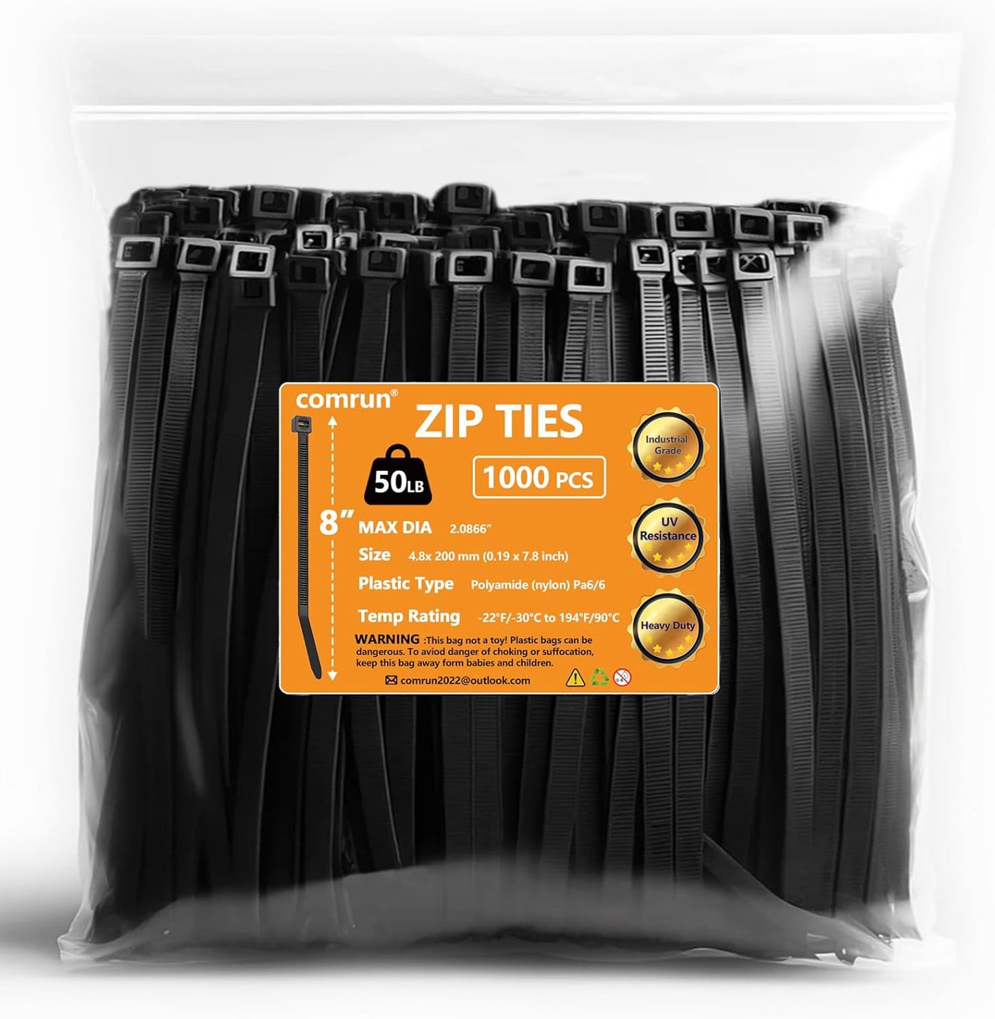 1000pcs 8Inch Nylon Zip Ties, 50 Pounds Tensile Strength, Black Cable Tie, Industrial Grade, UV Resistant,Heavy Duty,for Home,Garden Trellis,Office,Garage and Workshop