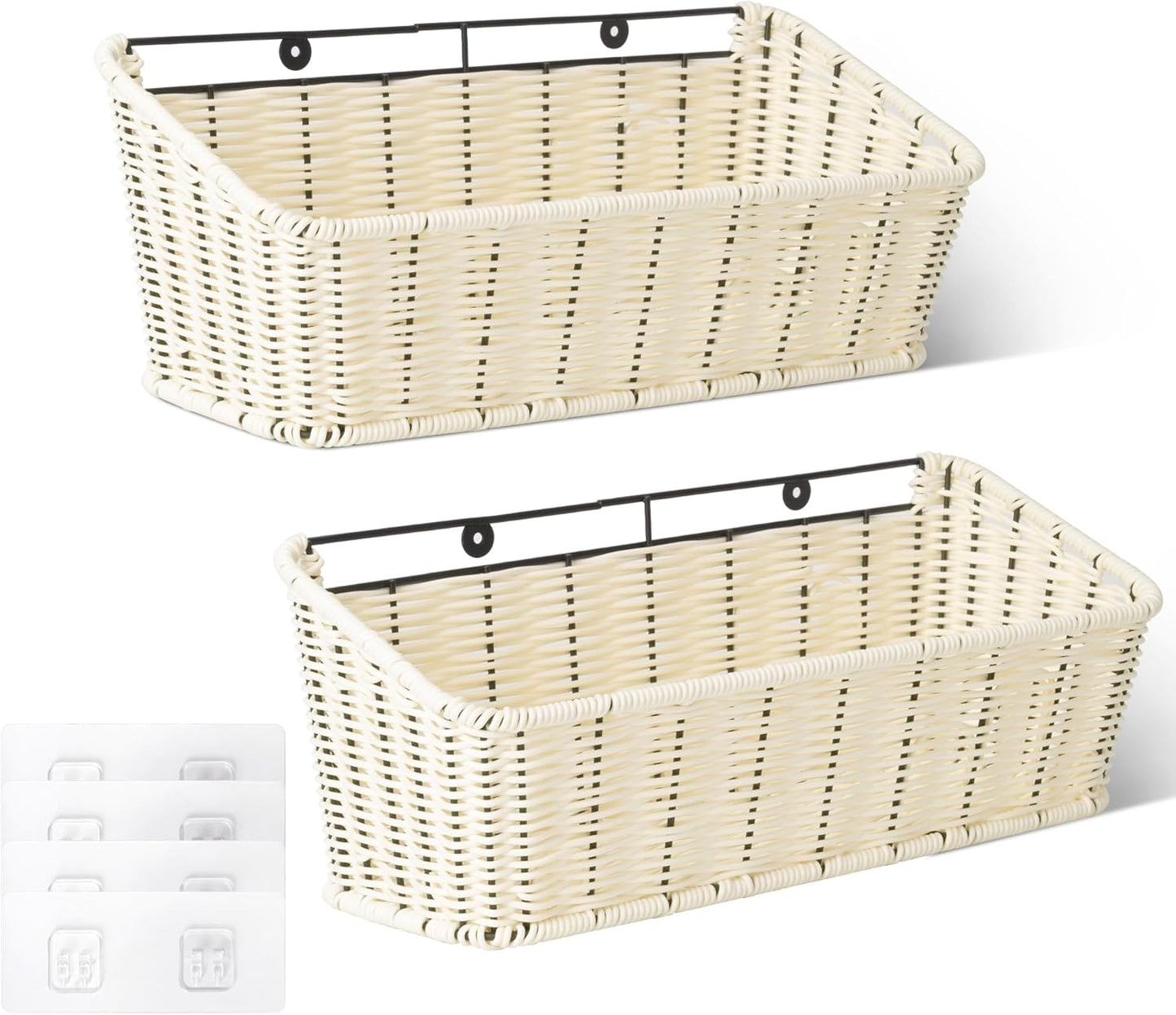 GRANNY SAYS Wicker Hanging Basket, 2 Pack Storage Baskets for Organizing, Adhesive Wall Mount Fruit Basket, Kitchen Organization Hanging Shelves, Storage Cabinet Door Organizer, Off White