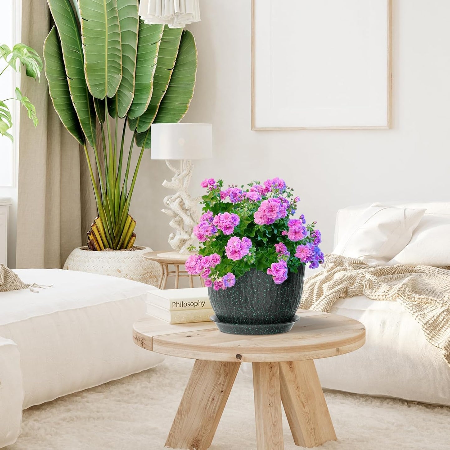 12/10/9 inch Large Plant Pots, 3 Pack Wide Flower Pots for Outdoor Indoor Plants, Water Ripples Plastic Planters with Drainage Holes and Saucers for Garden Hourse, Black with Green Speckles