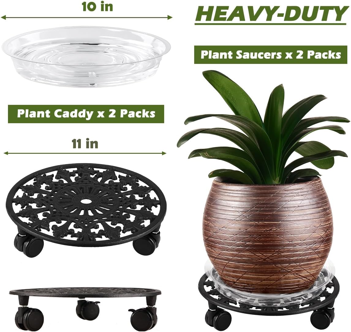 2 Pack Heavy Duty Plant Caddy with Wheels - 11 Inch Metal Plant Stand with Rolling Wheels - Wrought Iron Plant Dolly for Indoor and Outdoor