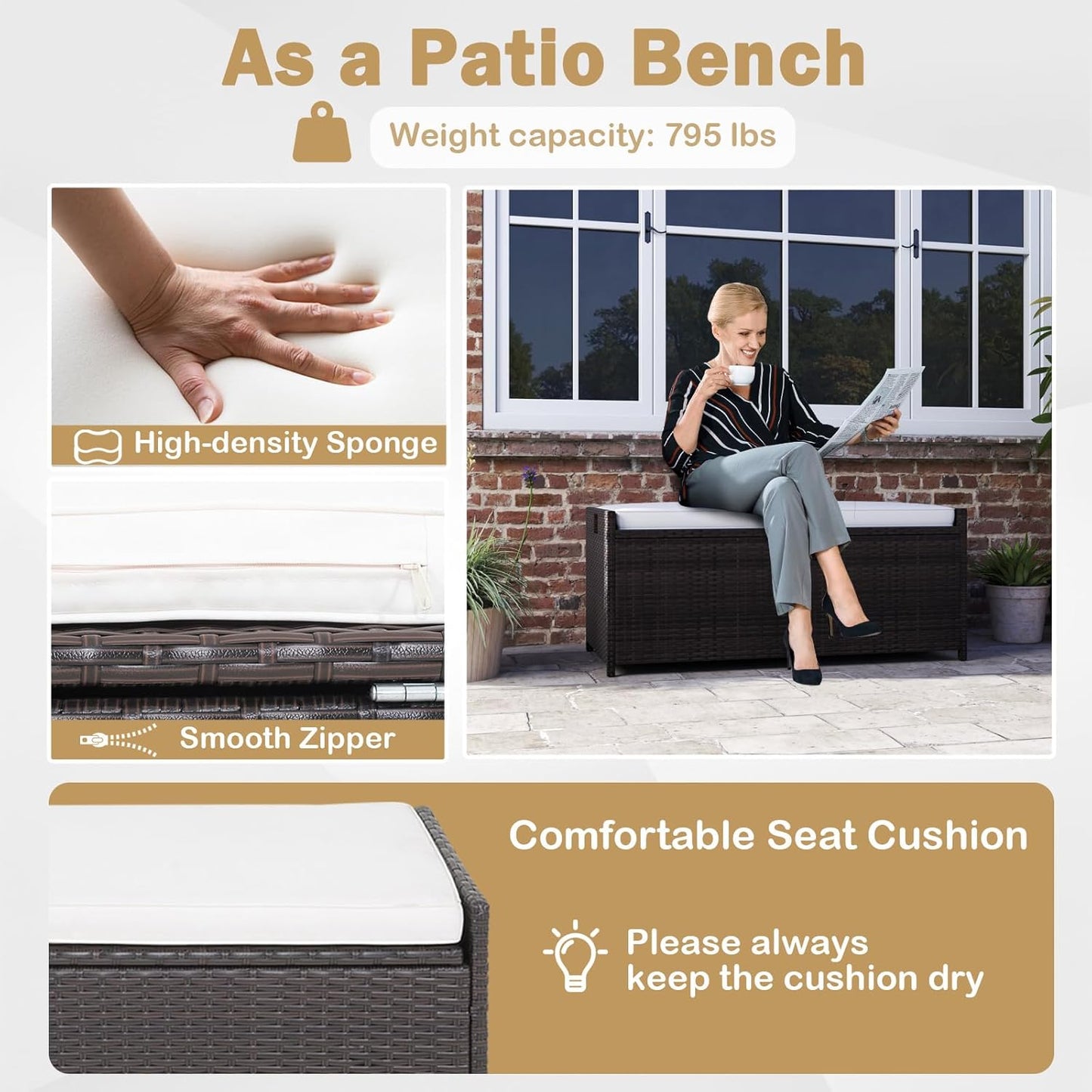 RELAX4LIFE 34-Gallon Outdoor Storage Box - Wicker Rattan Deck Box w/Seat Cushion, Waterproof Liner & Side Handles for Pillows, Patio Cushions, Pool Supplies, Garden Tools, Porch Outdoor Storage Bench