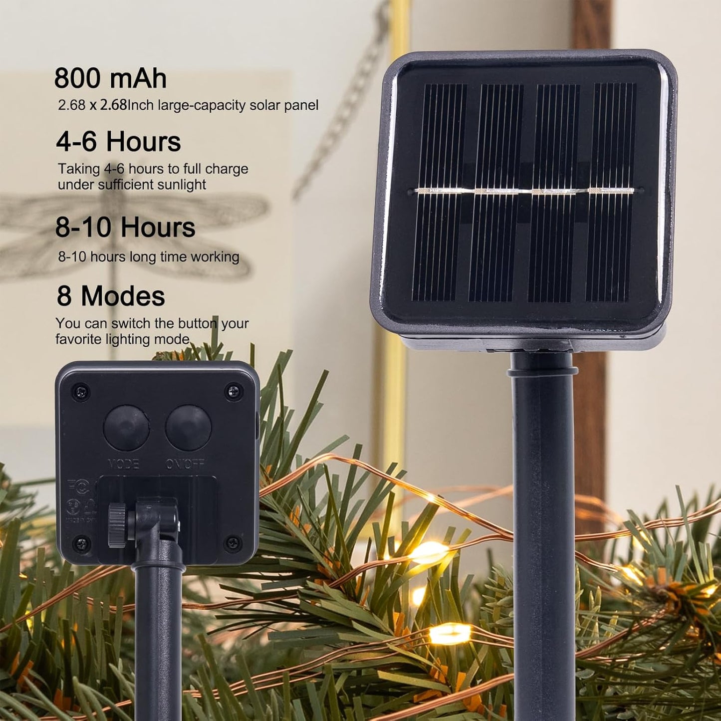 Solar String Lights for Outside,2Pack 66FT 200 LEDs Solar Fairy Lights,Waterproof 8 Modes Button Outdoor String Light for Patio Garden Backyard Tree Wedding Christmas,Copper Wire,Warm White