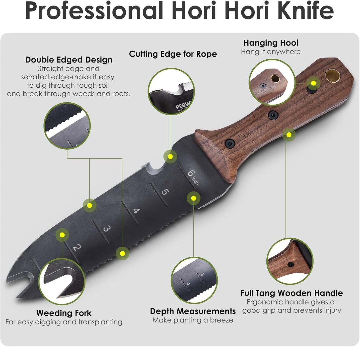 Hori Hori Garden Knife, Garden Tools with Sheath for Weeding,Planting,Digging, 7" Stainless Steel Blade with Cutting Edge, Full-Tang walnut Wood Handle with Hanging Hole