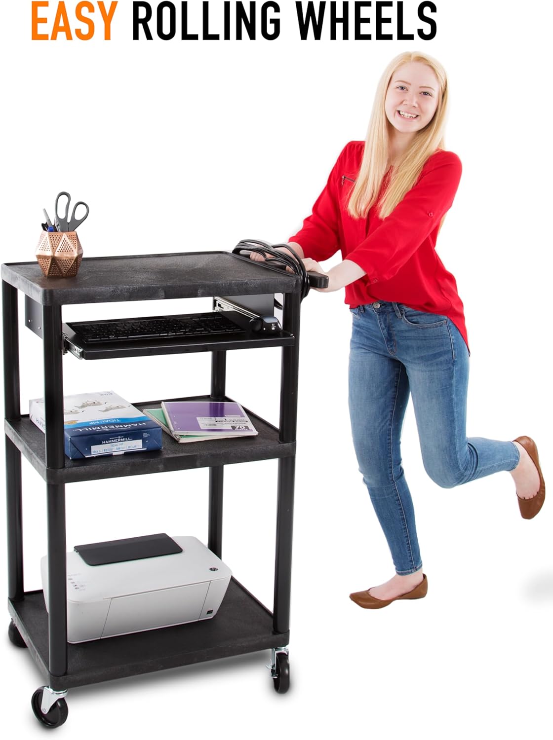 Stand Steady Line Leader 42" H Multipurpose Storage Utility Cart with 3 Shelves, Front Pullout Tray and Push Handle | Easy Assembly (24in x 18in x 42in / Black)