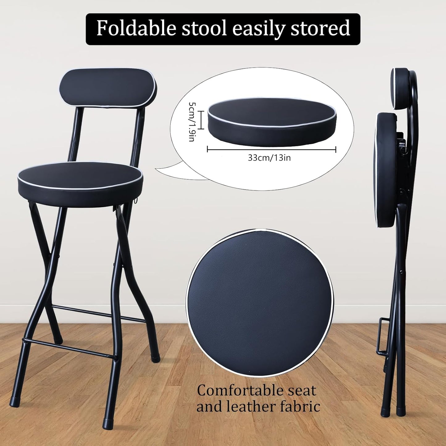 UWEAR 2 PCS Folding Bar Stool with Back, Tall Foldable Stool Leather Padded Portable Stools Counter Height Foldable Stools Chairs,Collapsible Stool for Adults Kitchen Island