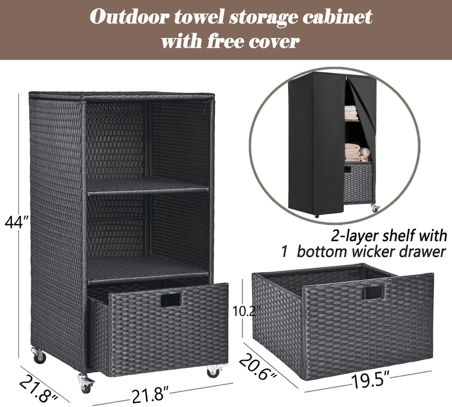 Outdoor Towel Rack for Pool Outdoor Pool Towel Storage Cabinet with Shelf & Drawer Pool Towel Holder with Rolling Wheels Hot Tub Towel Rack w/Waterproof Cover Poolside Towel Valet Caddy for Spa Black