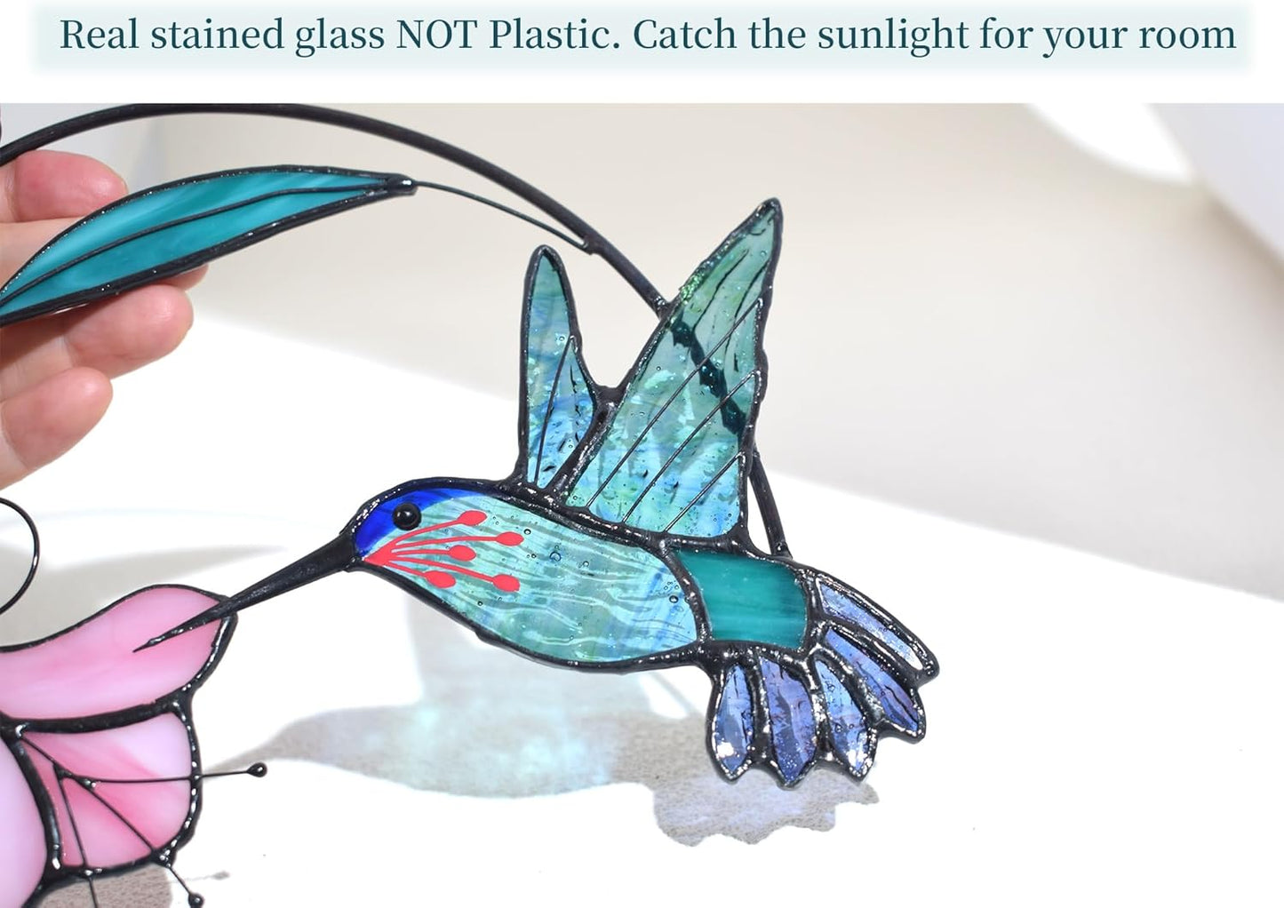 Lolitarcrafts Stained Glass Hummingbird Window Hangings with Flowers, Bird Stained Glass Suncatcher for Window Decor Hummingbird Gifts for Mom,Bird Lovers (Blue with Flower A)