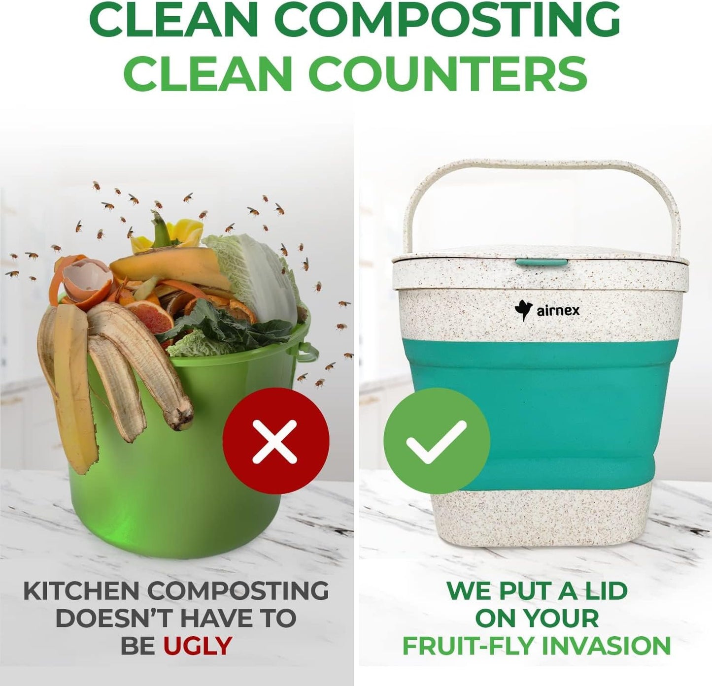 Collapsible Small Compost Bin with Lid - 1 Gallon Compost Bucket Food Waste Caddy Made of Wheat Straw - Odorless Counter Top Compost Bin for Kitchen with 20 Compost Bags and 2 Carbon Filters