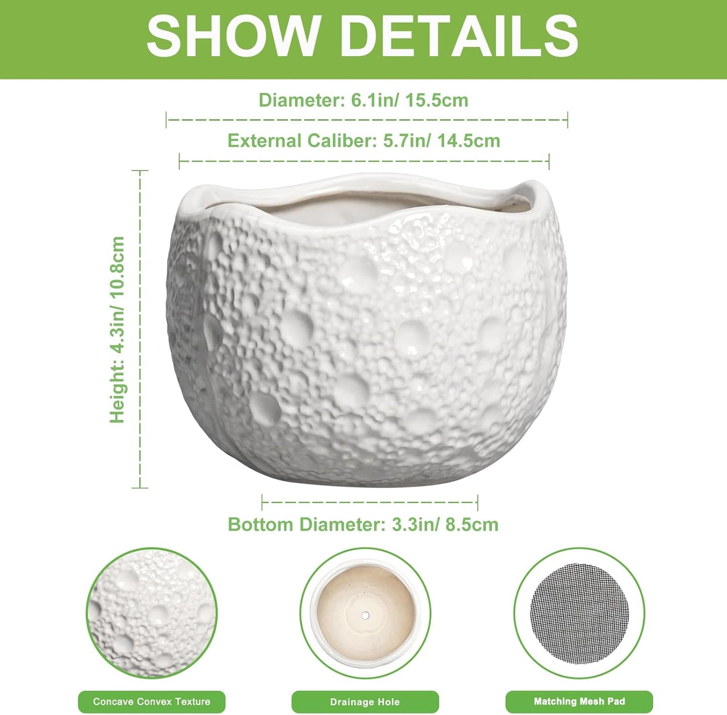 Ceramic Pots for Plants - 6 Inch Plant Pot for Indoor Outdoor, Decorative Orchid Pots with Drainage Hole, Unique Round Modern Planters, Home Decor, Gifts for Plant Lovers, White