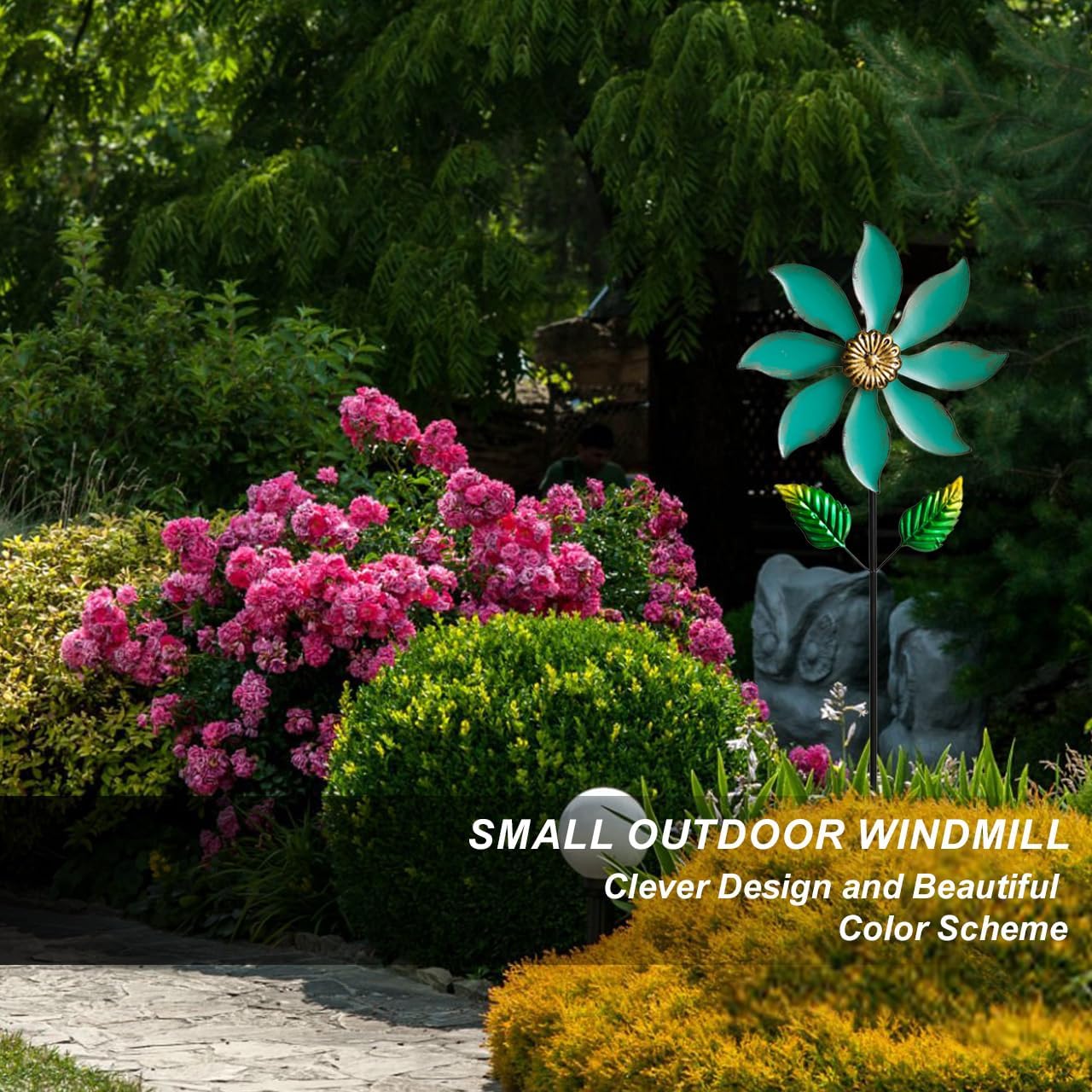 Metal Wind Spinners for Outdoor Decor - 35inch Tall Kinetic Wind Sculptures with 10inch Diameter, Durable Yard Art for Garden, Patio, Lawn - Weather-Resistant Garden Pinwheels in Vibrant Cyan