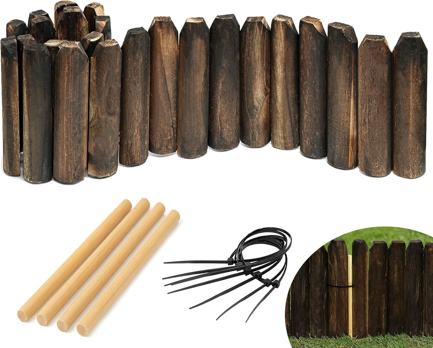 Wood Garden Edging – Half-Round Decorative Wooden Fence Border for Indoor & Outdoor Use, Rustic Natural Pine Panels for Flower Beds, Pathways, and Landscaping Décor