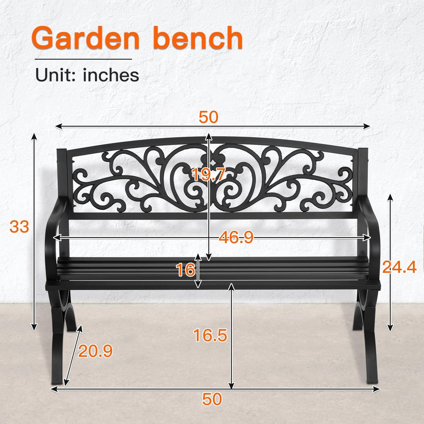 FDW Patio Garden Bench 50 inch Outdoor Metal Loveseat Chairs with Armrests Slatted Seat and w/Floral Design Backrest for Park, Yard, Porch, Lawn, Balcony, Backyard, Black
