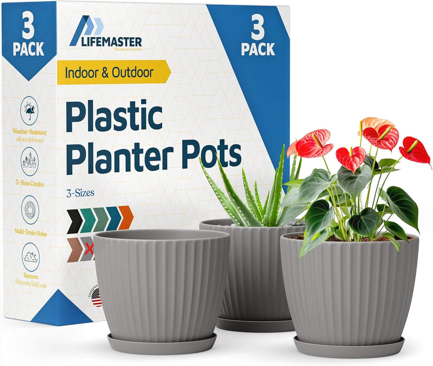 Gray 6-Inch Plant Pots with Drainage & Saucers 3 Pack, Indoor & Outdoor Planters for Houseplants, Herbs, and Flowers, Durable & Weatherproof Material, Stackable, Lightweight, Minimalist Design