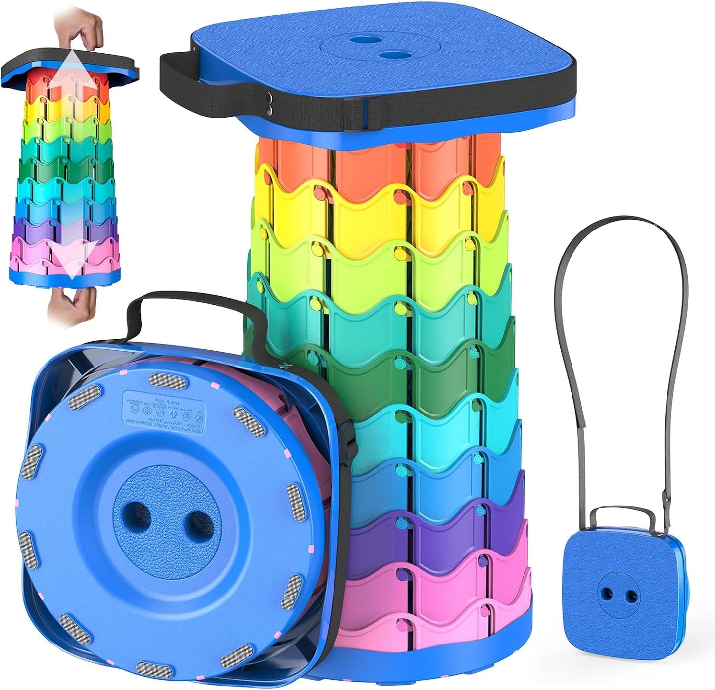 Upgraded Collapsible Stool, Portable Folding Stool, Telescoping Camping Chair with Max Load Capacity 485lbs, Square Retractable Stool for Camping Gardening Fishing Hiking BBQ [Rainbow+Blue]