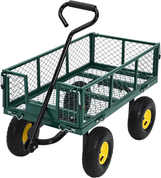 Heavy Duty Steel Garden Cart, 550 LBS 3 in 1 Pullable Metal Garden Wagon with 10" Wheels, 180° Rotating Handle and Removable Sides for Farm, Yard