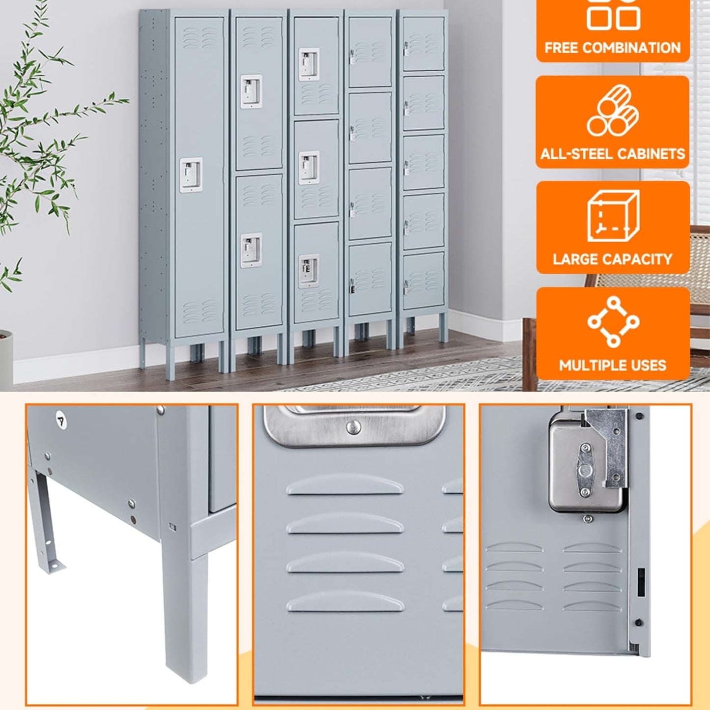 SISESOL Metal Locker for School,Metal Storage Lockers for Employees,Gray Steel Locker,5 Door Locker for Home,Office,Gym,Shop