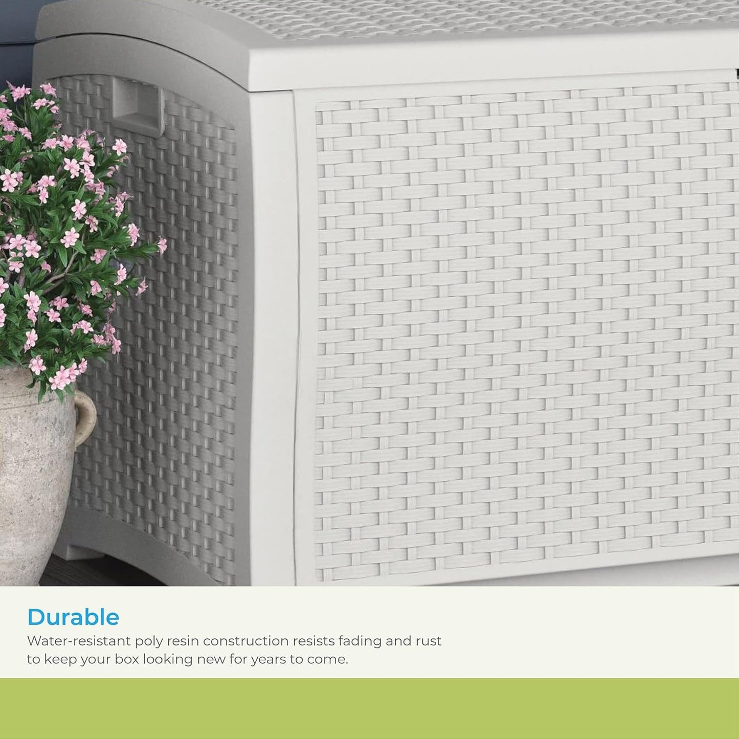 Suncast 99 Gallon Wicker Horizontal Outdoor Deck Box with Hinged Lid, Water-Resistant Storage Solution for Patio, Deck, Yard, and Garage, White, Made in the USA