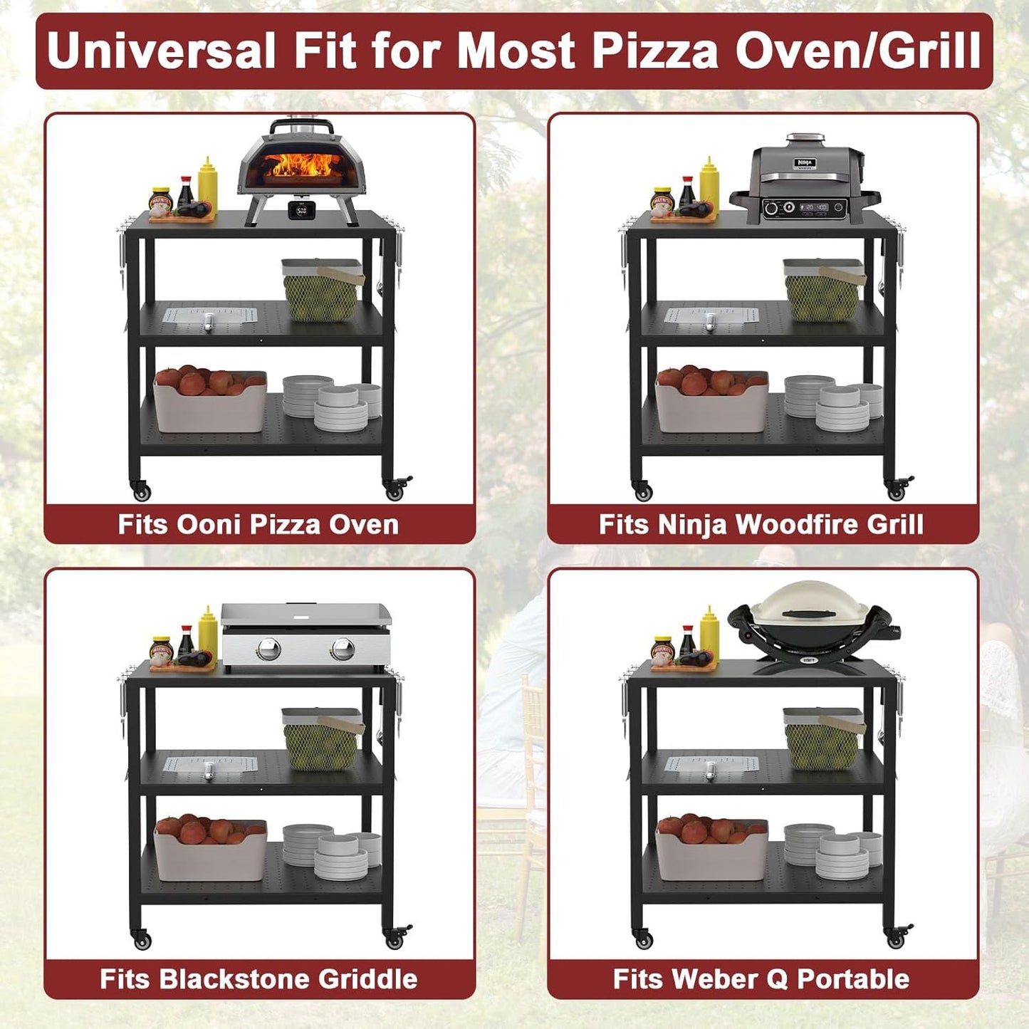 Pizza Oven Table Cart for Ooni/Ninja Woodfire/Blackstone/Cuisinart Pizza Oven Stand for Outside, Modular Table Movable Prep Cart with Pizza Topping Station for Ooni Koda Karu Fyra 16/12