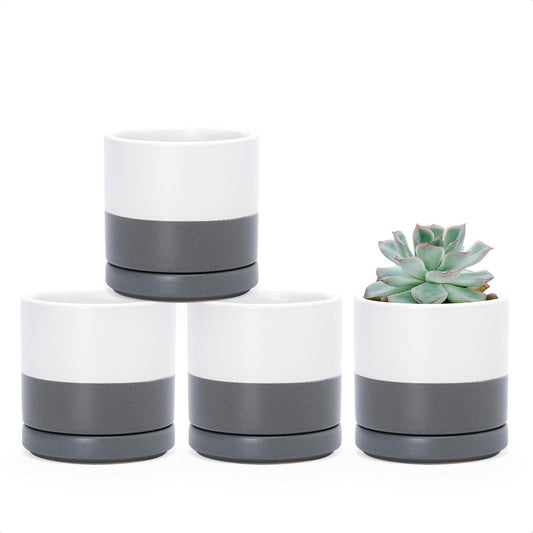 D'vine Dev Set of 4 Small Ceramic Plant Pots, 3.5 Inch Succulent Planter Pot for Plants with Drainage Hole and Saucer, White/Speckled Grey, 94-X-A-6