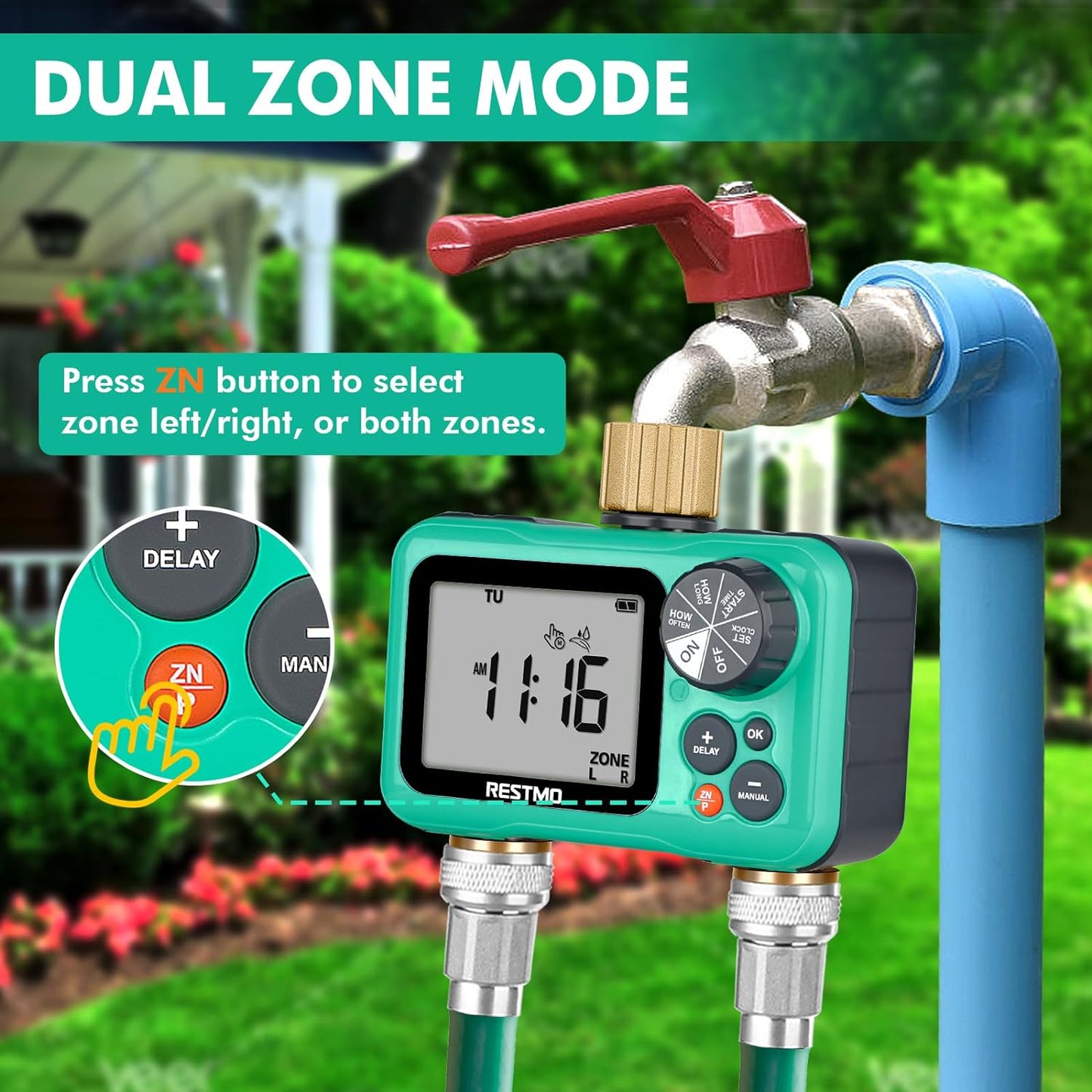 RESTMO Sprinkler Timer with Brass Inlet & Outlet, 3 Separate Programs Water Timer for Garden Hose, Manual/Rain Delay/Automatic Watering for Drip Irrigation and Lawn, 2 Outlet