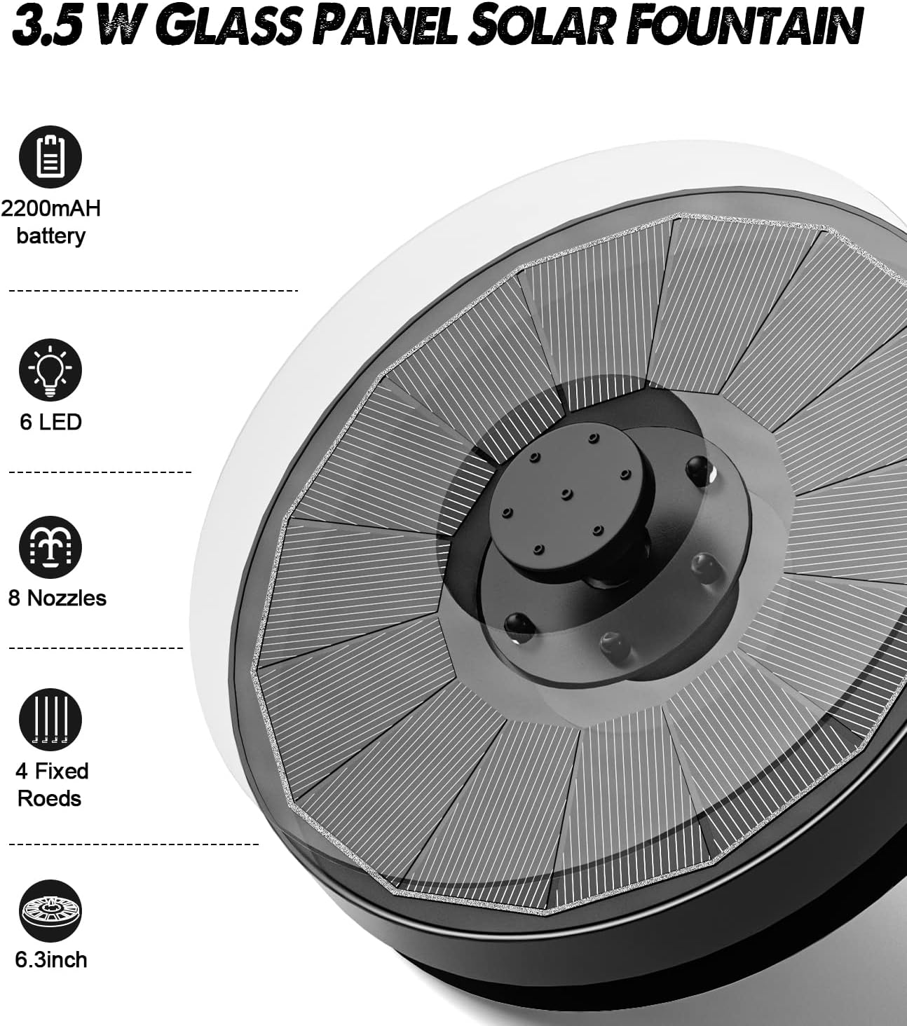 Solar Fountain Glass Panel with 2200 mah Battery, 3.5W Floating Solar Water Fountain with 4 Fixed Rods, Solar Fountain Pump for Bird Bath, Garden, Pond, Pool, Outdoor-Colorful Lights
