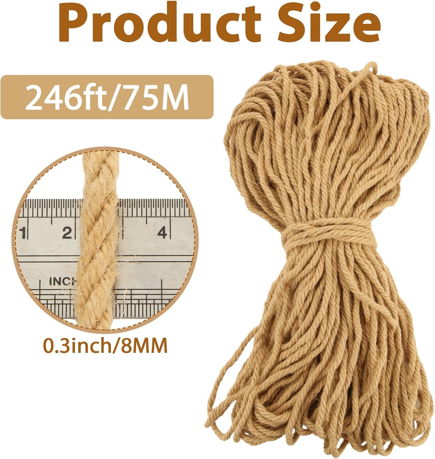 8mm Thick Jute Twine, 246 Feet 4Ply Jute Rope for Crafts, Heavy Duty Twine String for Gardening, Crafting, Bundling, Cat Scratching Post, Home Decor