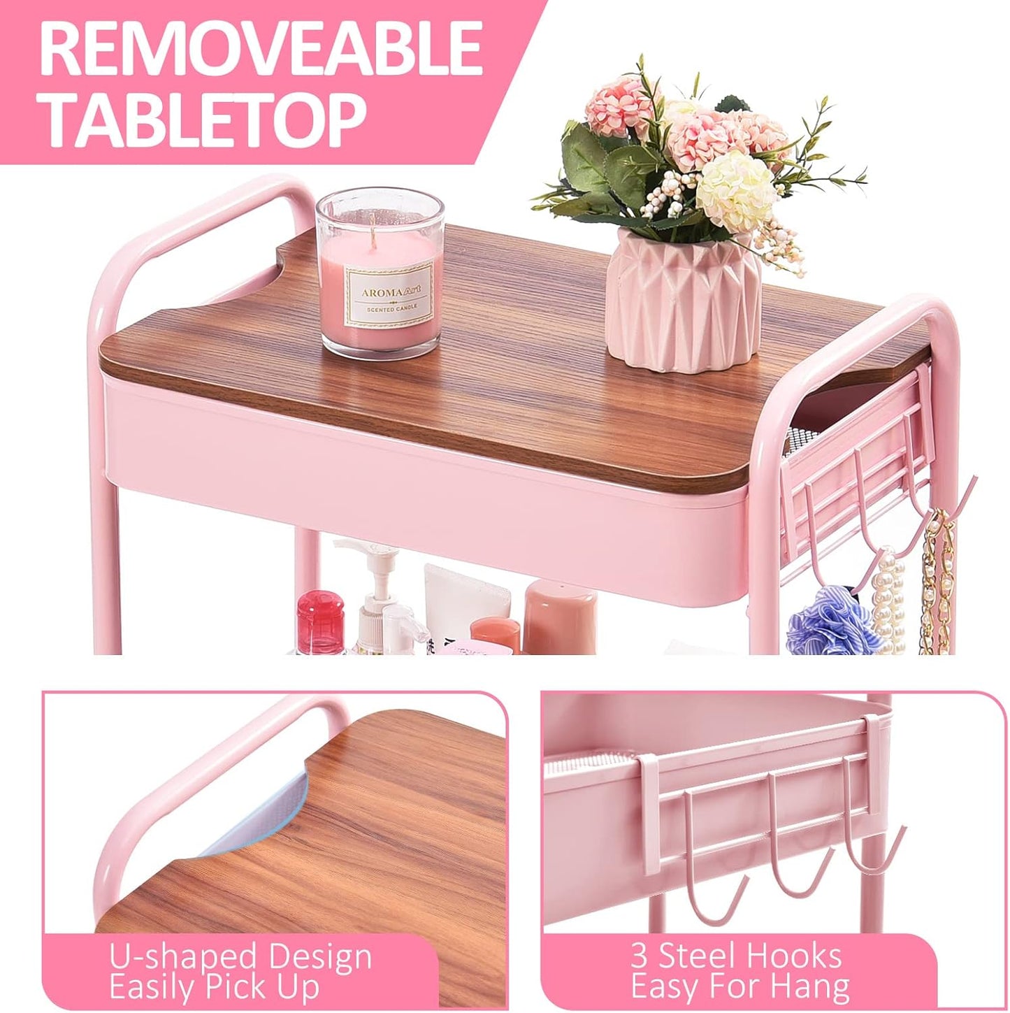 TOOLF 3-Tier Rolling Cart with Table Top, Metal Storage Cart on Wheels, Utility Organizer with Wooden Tray, Lockable Casters, Easy Assembly for Bathroom, Living Room, Office, Bedside, Pink