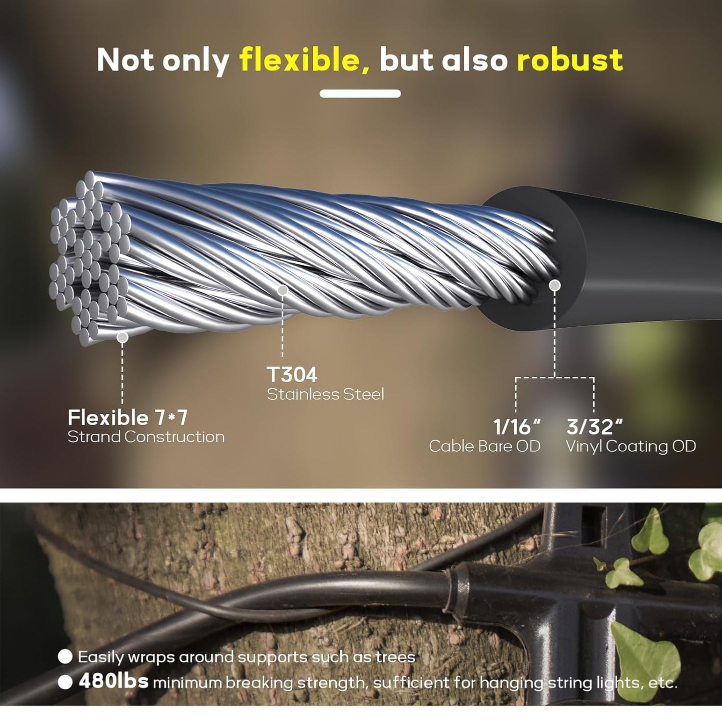 Vinyl Coated Wire Rope 1/16 Inch Overmolded to 3/32 Inch, 1000FT 304 Stainless Steel Cable with 300 Pcs Crimping Sleeves for String Light Hanging Kit, Clotheslines and Trellis Wire