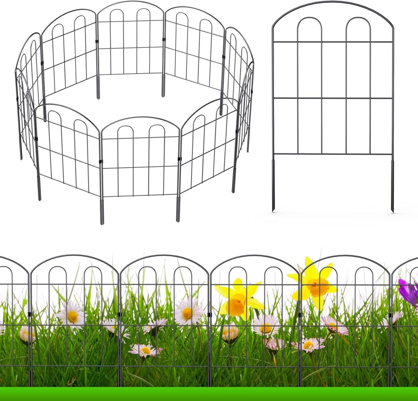 Decorative Garden Fence Outdoor 24in x 10ft Coated Metal RustProof Landscape Wrought Iron Wire Border Folding Patio Fences Flower Bed Fencing Animal Barrier Section Panels Decor