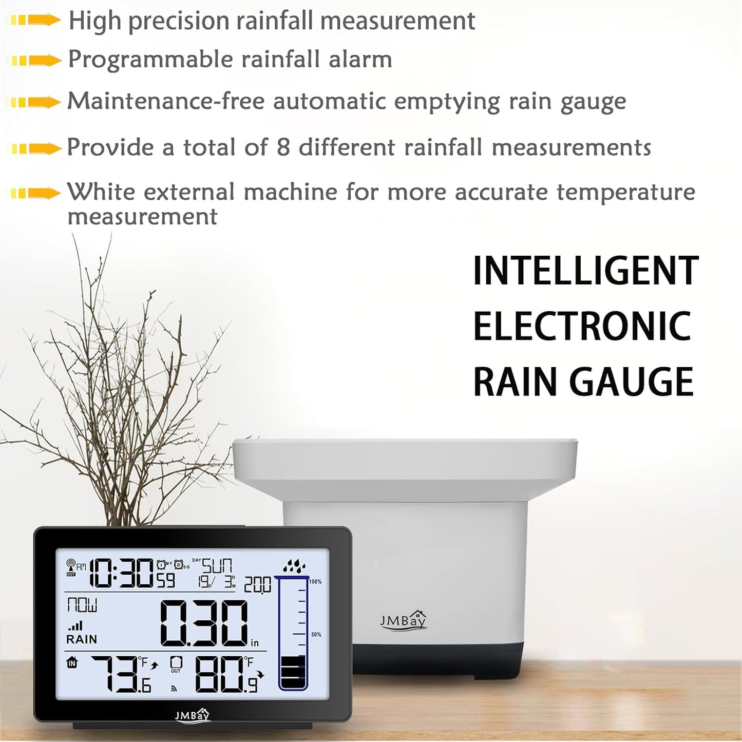 Digital Rain Gauge Outdoor with Thermometer, Self-Emptying Wireless Rain Gauges Outdoors Best Rated, High Precision Electronic Remote Rain Collector, Freeze Proof Automatic Rain Measure Gauge for Yard