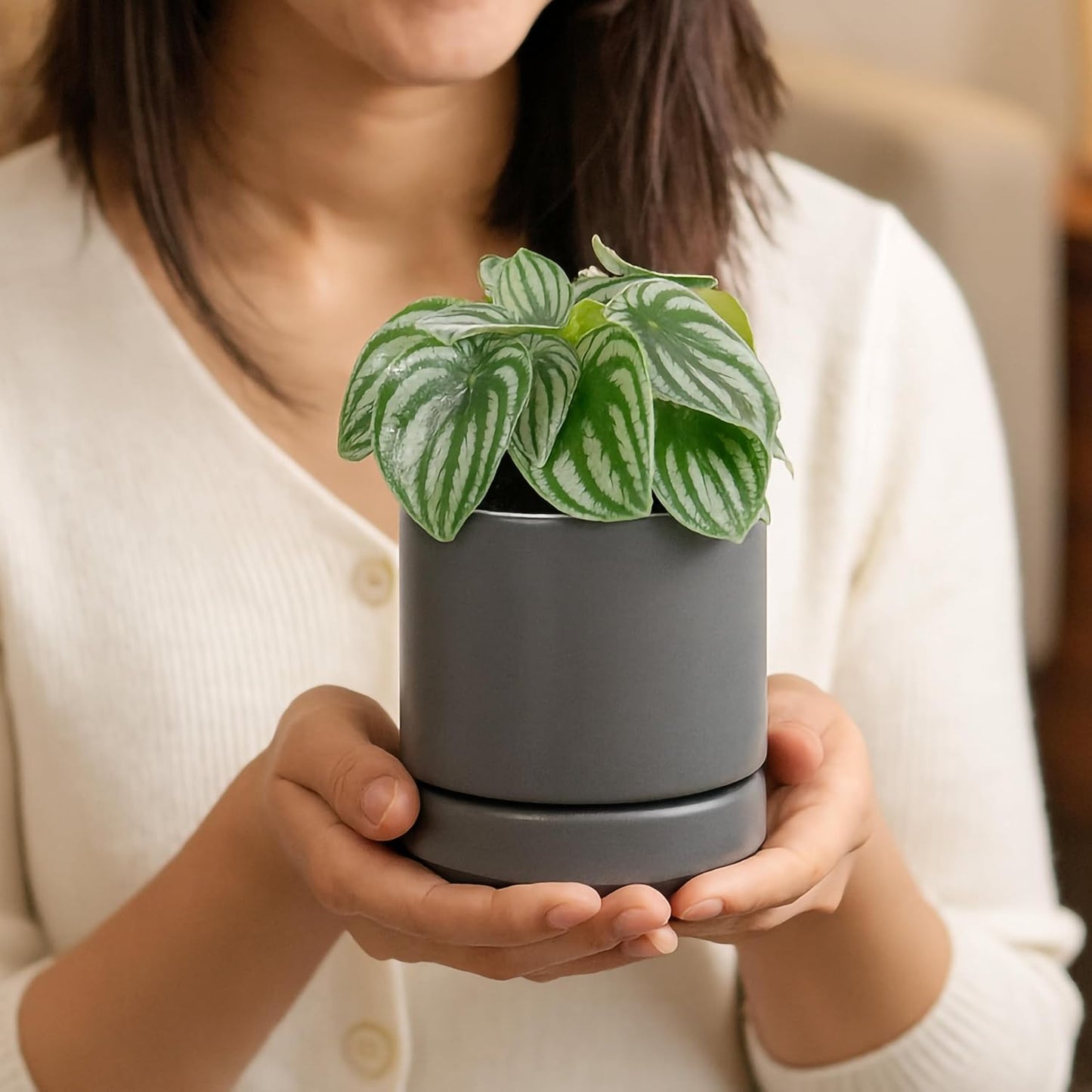 D'vine Dev Set of 4 Small Ceramic Plant Pots, 4.7 Inch Succulent Planter Pot for Plants with Drainage Hole and Saucer, Grey, 94-X-B-3