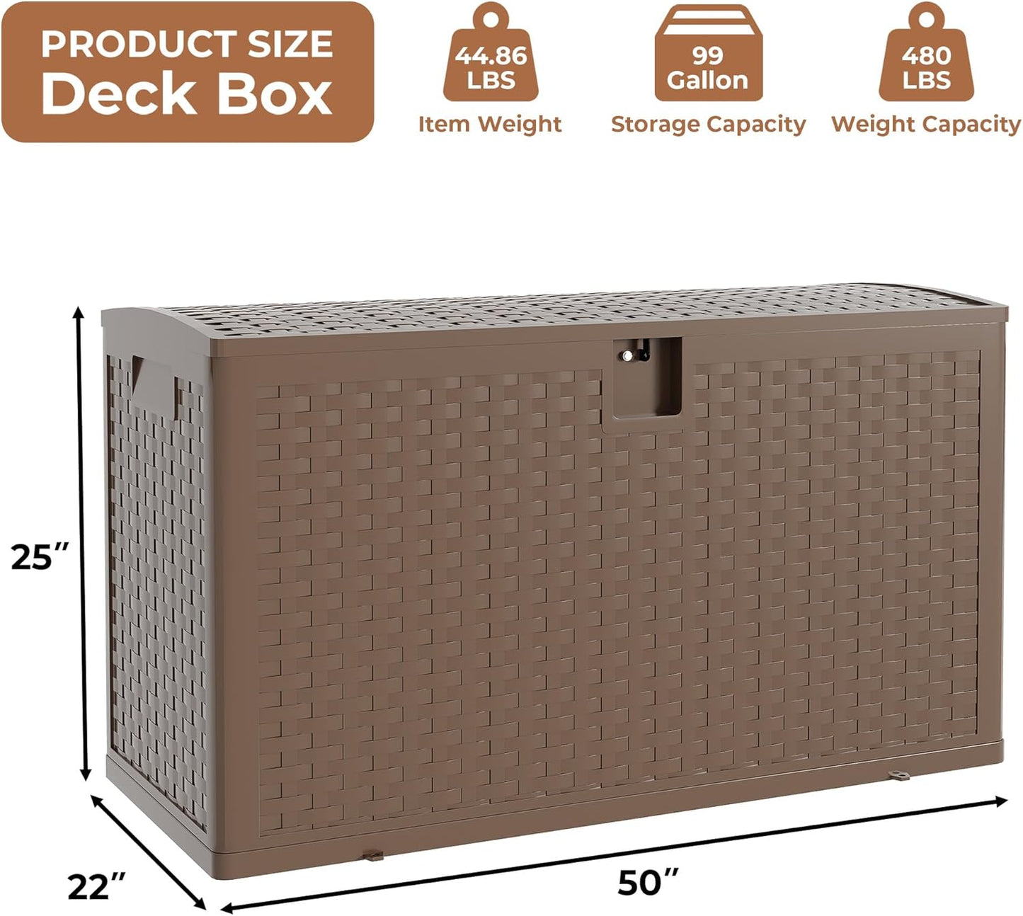 99Gallon Brown Resin Deck Box, Outdoor Storage Box Waterproof Lockable, Patio Deck Box For Package Delivery, Outside Storage Box Container for Furniture Cushions, Garden Tools, Pool Accessories