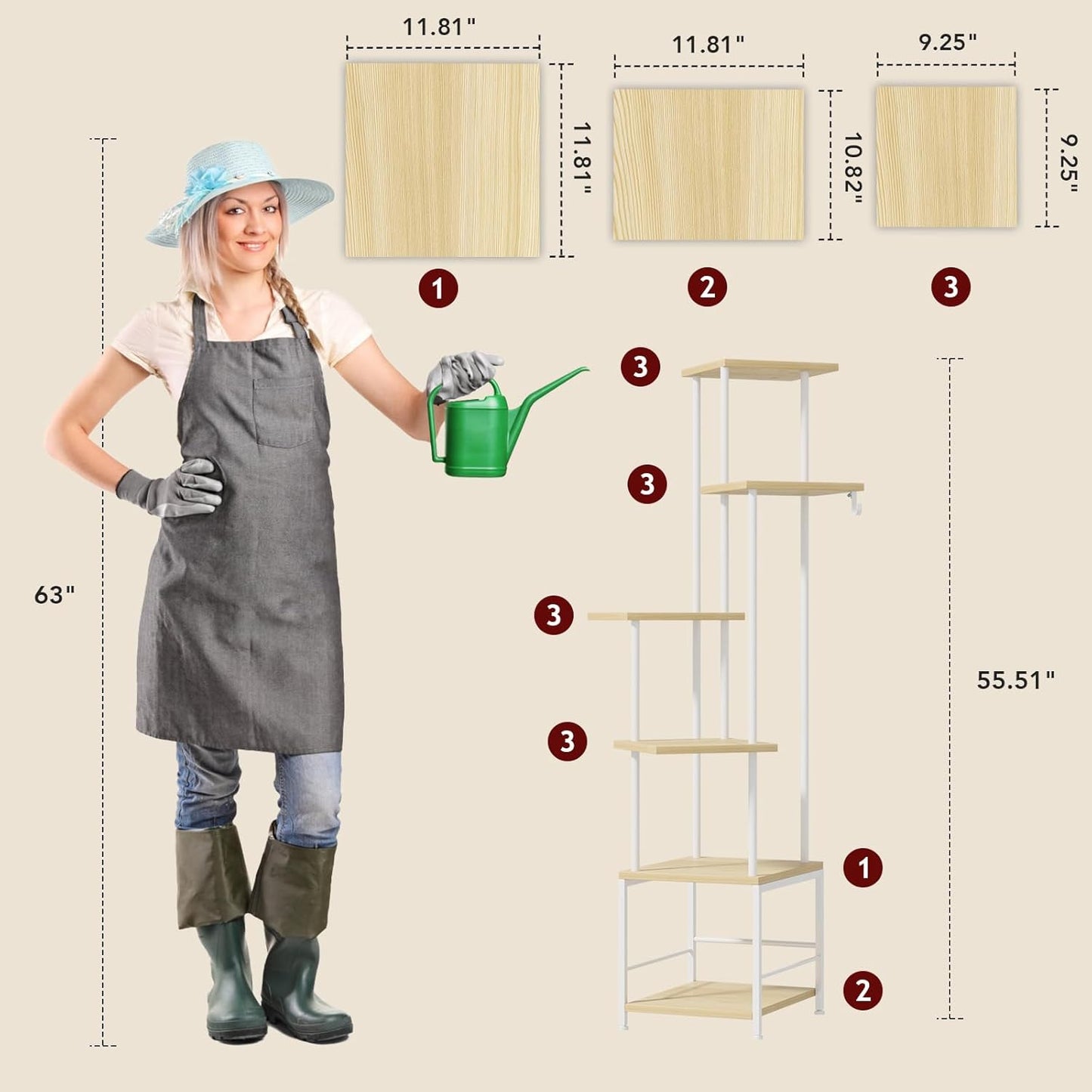 Plant Stand Indoor with Grow Light, 6-Tiered Tall Plant Stand Indoor, Metal Plant Shelf with Hanging Basket Hook and Adjustable Light, Ideal for Living Room, Garden, Patio, （Maple）