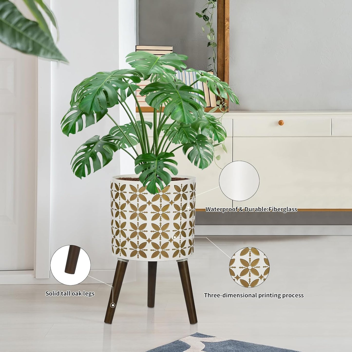 nacltlo12 Inch Planter with Stand,Plant Pot for Indoor Plants,Modern Mid-Century,Large Flower Planter Pot with Drainage Holes for Outdoor,White and xGold