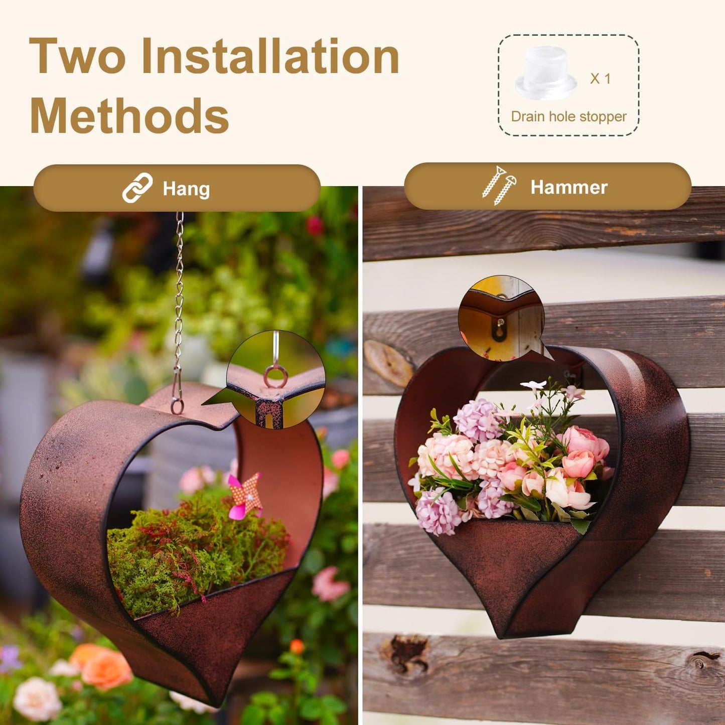 Metal Hanging Planters for Indoor & Outdoor Plants - Heart Shaped Planters for Wall or Window,Garden Patio or Indoor Decor for Women(Cooper)