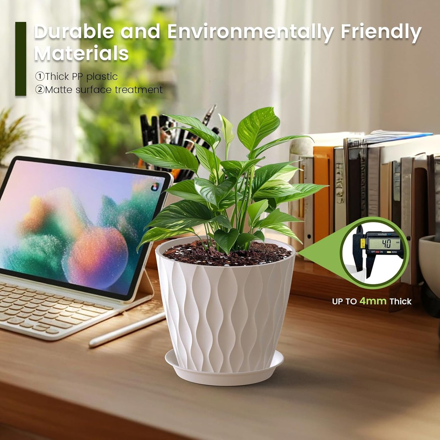 7 inch Plant Pots for Indoor Outdoor Plants, 5 Pack Thick Nursery Pots with Drainage Holes and Saucers, 3D Modern Wave Texture Plastic Planter Pots for Flowers and House Plants, White