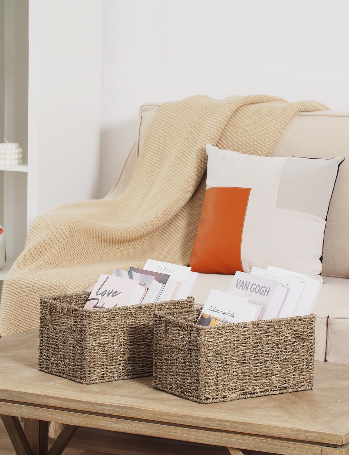 StorageWorks Wicker Storage Basket for Organizing, Medium Seagrass Storage Baskets with Built-in Handles for Pantry, Shelves,2-Pack