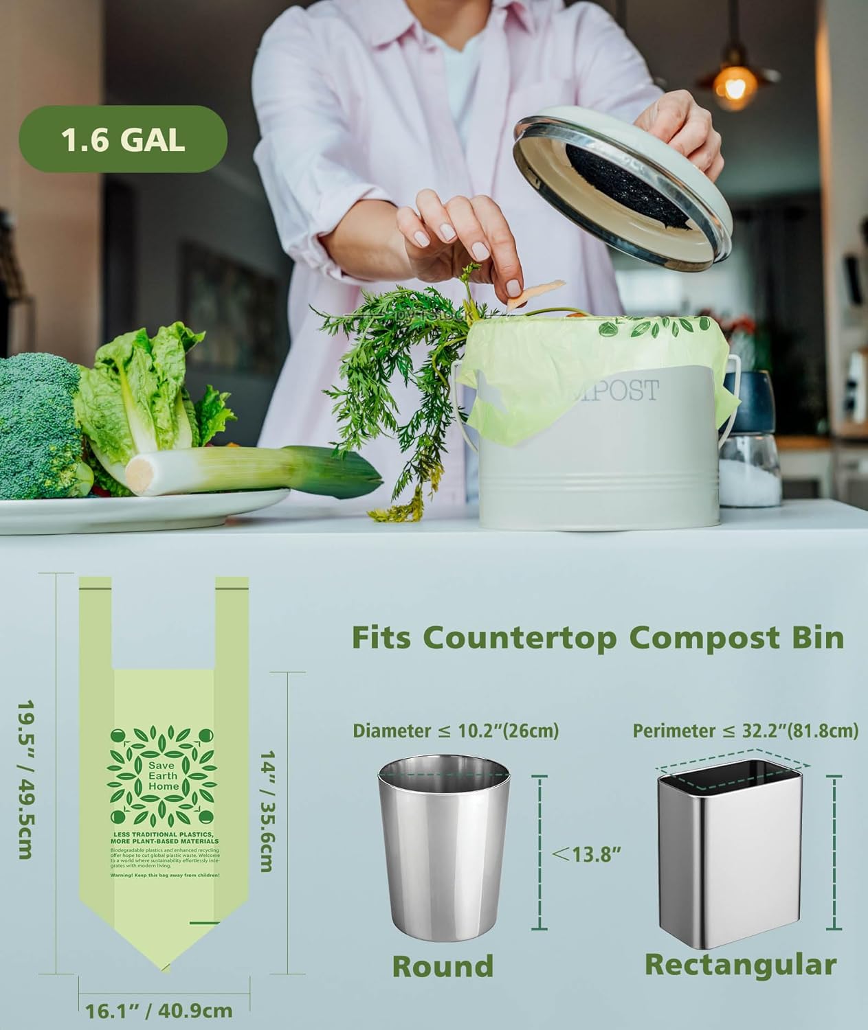 AYOTEE Compost Bags 1.6 Gallon with Handle Tie, 75 Count Compostable Trash Bags 1.6 Gallon Trash Bag, Small Biodegradable TrashBags Food Waste Liner, Small Compostable Bag for Kitchen Compost Bin