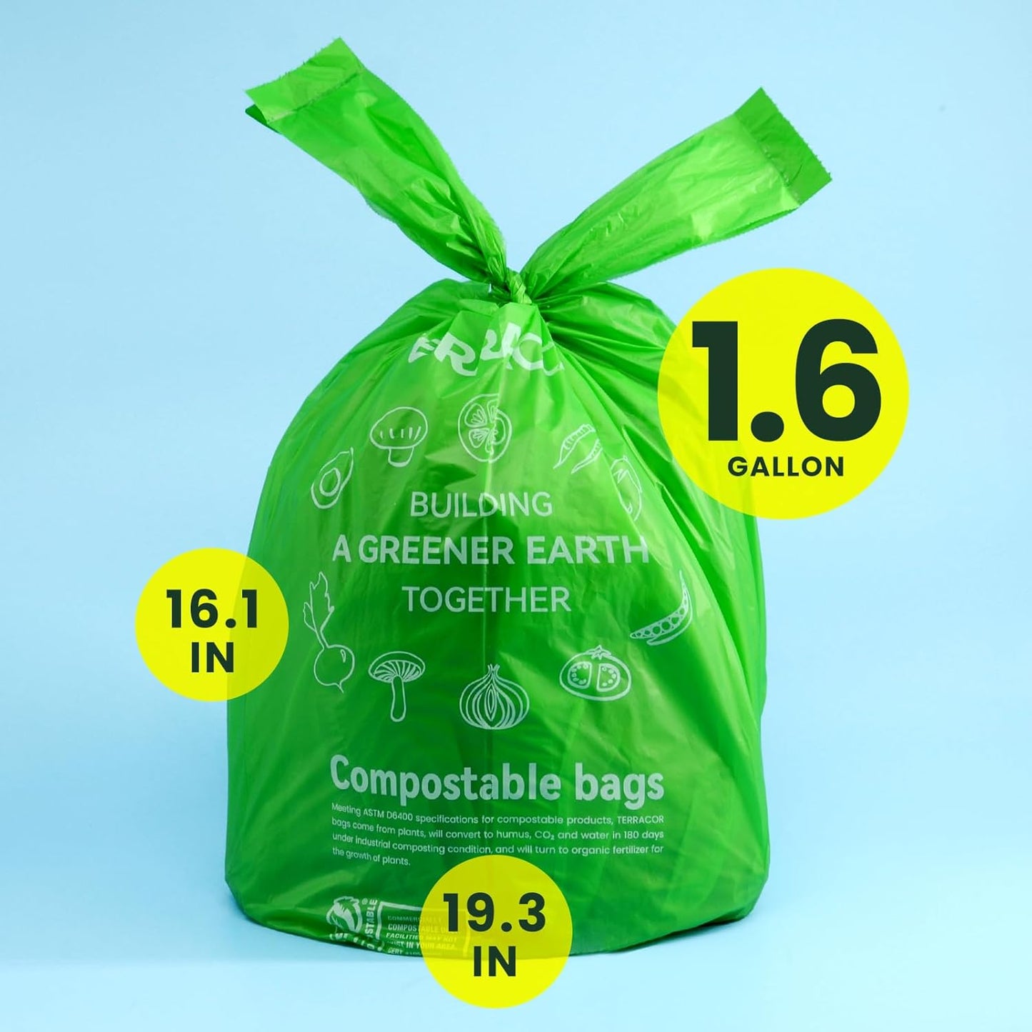 1.6 Gallon Compostable Food Scrap Bags Handle Tie for Kitchen Countertop Bin, 6 Liter Small Compost Bags, 50 Count, BPI Certified and Meet The ASTM D6400 Standard