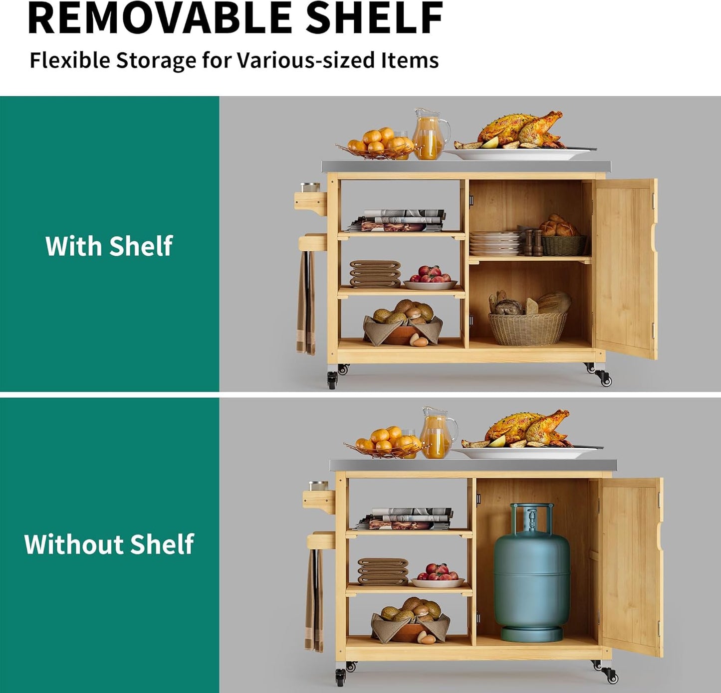 YITAHOME Solid Wood Patio Bar Table XL Outdoor Storage Cabinet Bar Table with Spice Rack and Lockable Wheels, Portable Outdoor Kitchen Island for Patio, Garden, Porch, Balcony, Natural