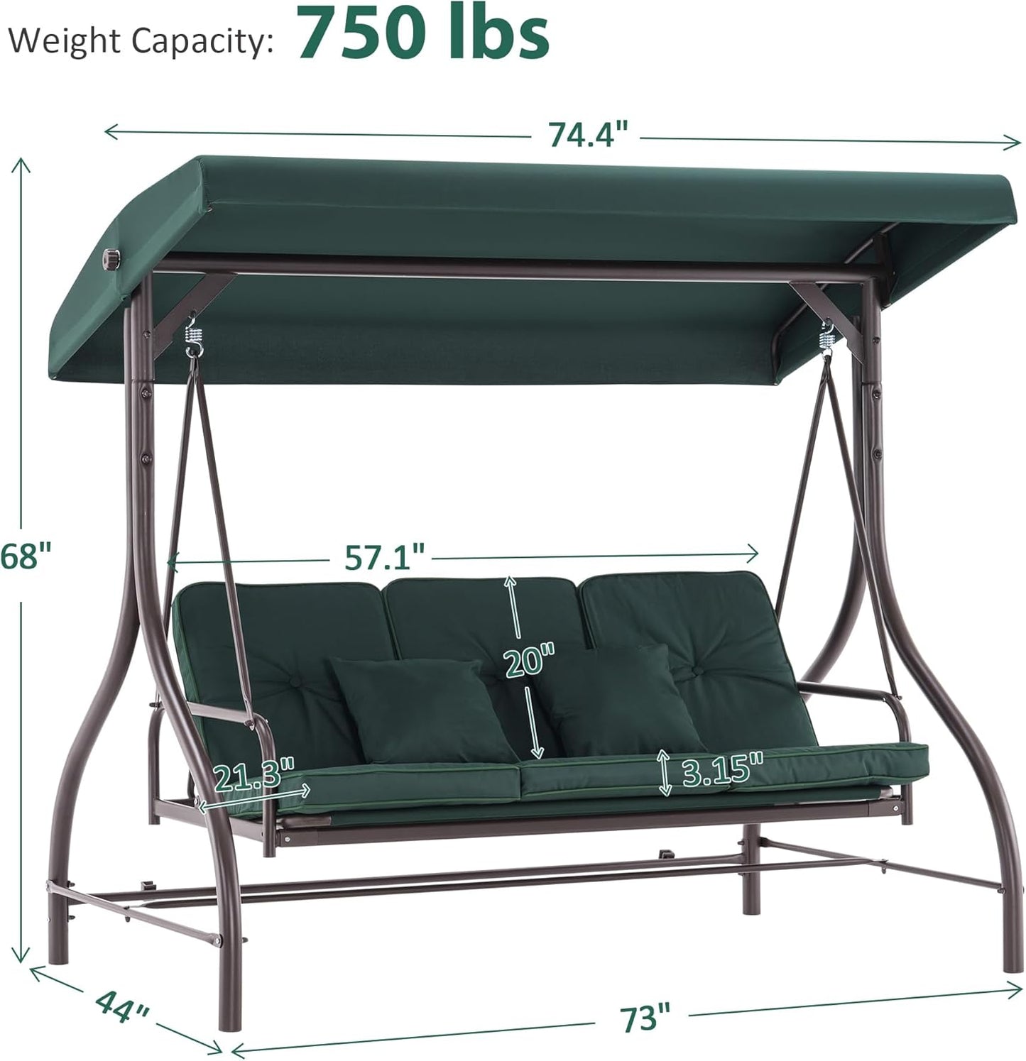 MCombo 3-Seat Outdoor Patio Swing Chair, 2-in-1 Convertible Porch Swing Glider Chair with Removable Cushions, Adjustable Canopy & Pillows for Backyard, Deck, Garden, 4068 (Green)