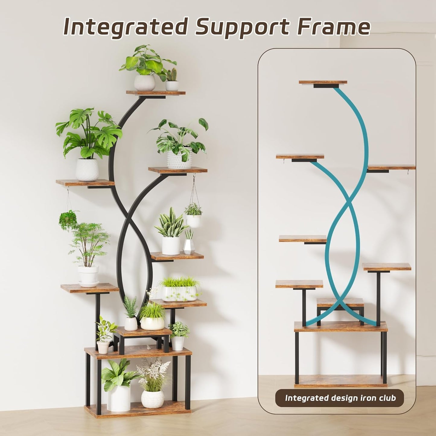 DTK Plant Stand Indoor with Grow Lights,62.5" Tall Plant Light Shelf, 9 Tiered Grow Light Shelf for Indoor Plants, Large S-Shape Corner Plant Shelf, Flower Display Holder for Living Room, Bedroom,Patio Decor