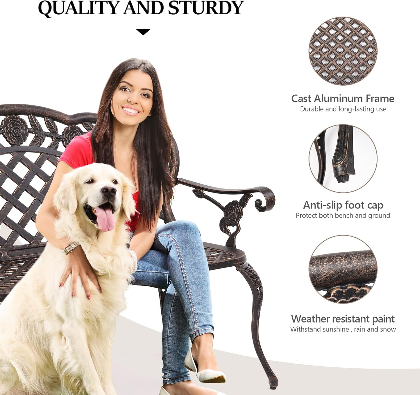 VINGLI 42.5" Patio Garden Bench Outdoor Metal Rose Loveseat, Cast Iron Cast Aluminium Frame Antique Finish Park Chair, Accommodates 2-3 People