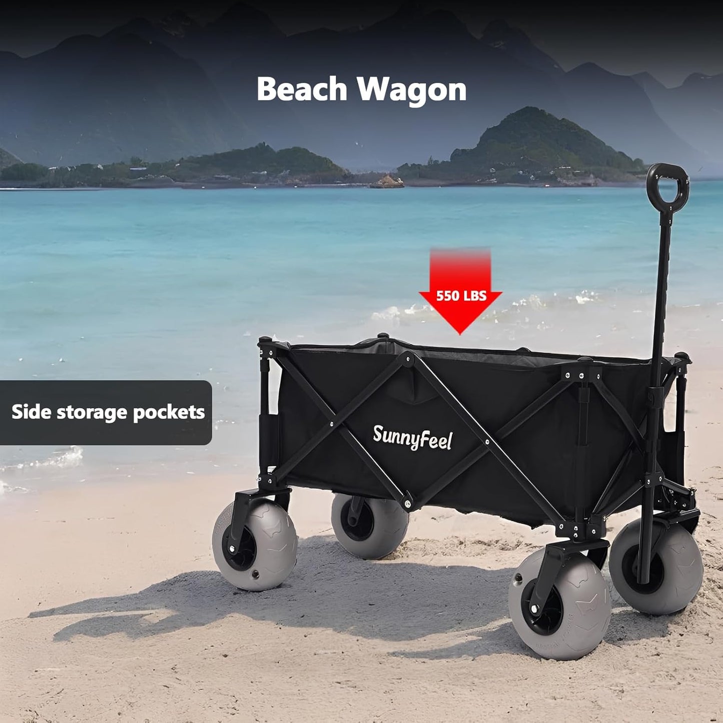 SUNNYFEEL 41''L 550lbs Heavy Duty Beach Wagon with 9" Balloon Tires, 200L Fold Up Wagon Cart Foldable with Side Pocket and Brakes for Camping Sports Garden Shopping (Black)