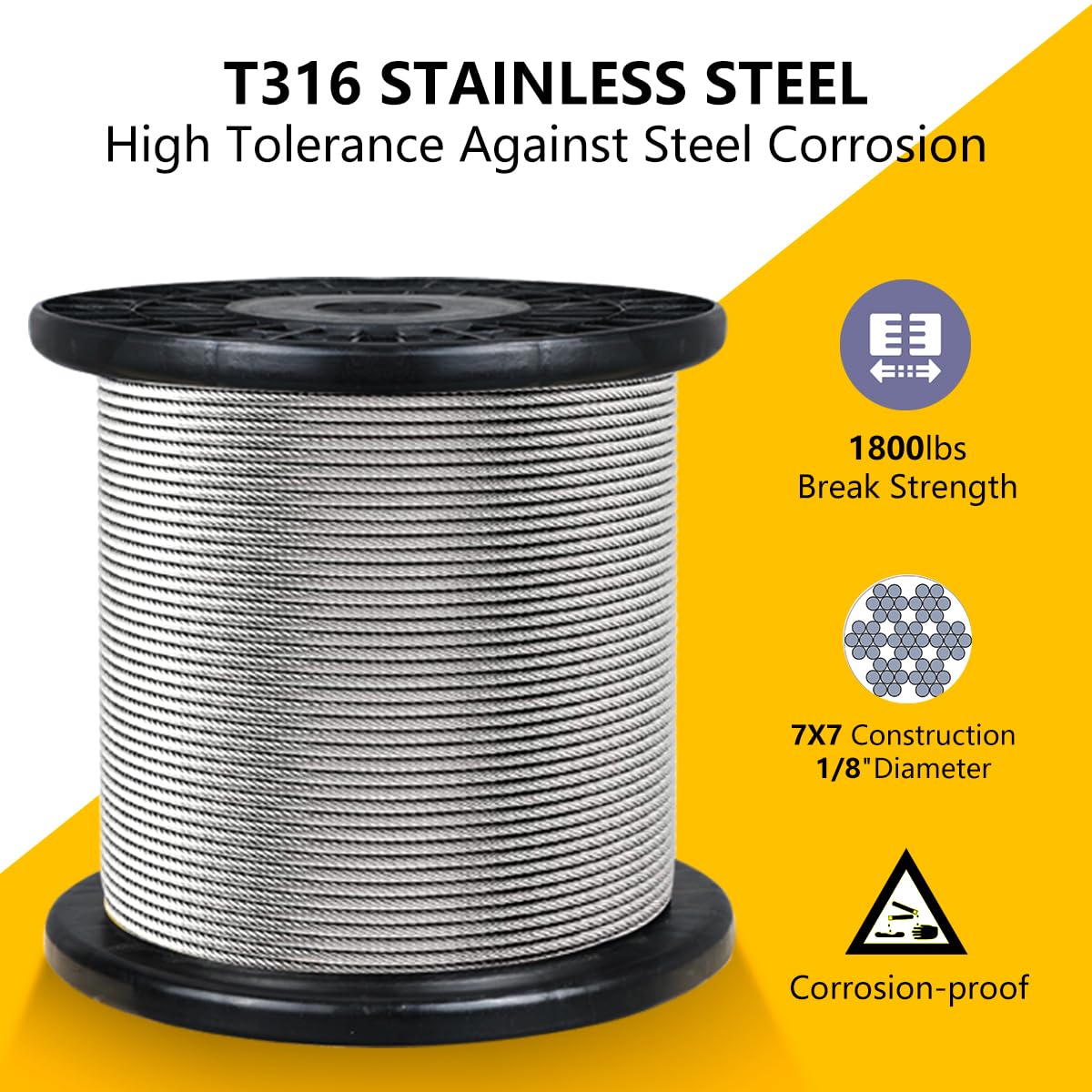 1000FT 1/8" T316 Stainless Steel Cable with Cutter, 7x7 Strands Aircraft Wire Rope for Deck Railing, Stair Handrail, Porch Fence, High Strength for Indoor and Outdoor Use